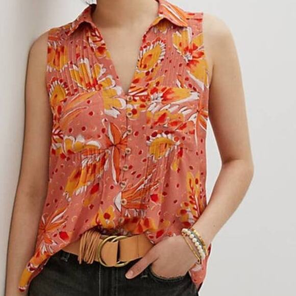 Anthropologie Tops - Vera for Anthropologie Floral Sleeveless Top Womens Medium Salmon Orange Multi
